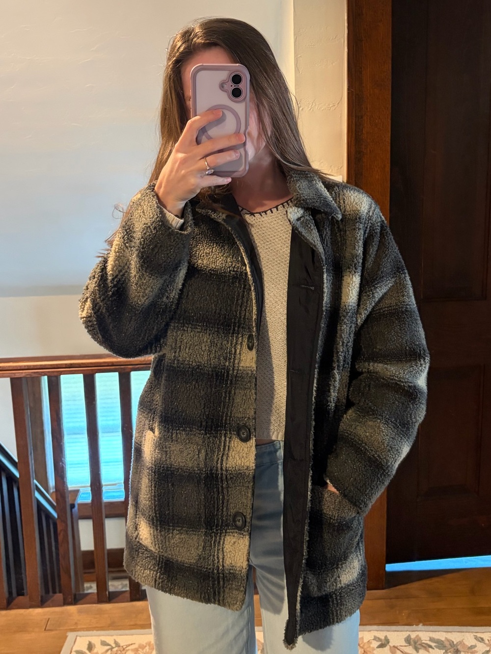 Vintage Eddie Bauer Black & Gray Plaid Teddy Shacket